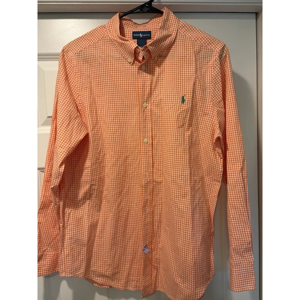 Ralph Lauren Shirt Boys XL 18-20 Orange Gingham Long Sleeve Button Down Cotton
